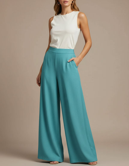Pantalon Fluide Ample Vert Canard Élégant Chic Femme - Viscose