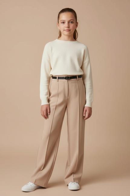 Pantalon Fluide Beige Droit Taille Haute Élégant - Polyester