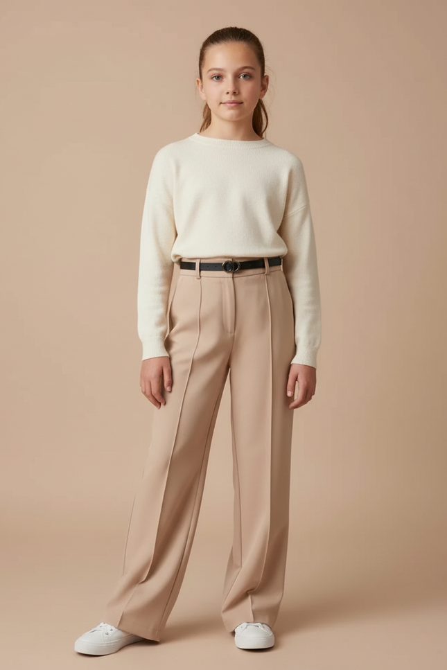 Pantalon Fluide Beige Droit Taille Haute Élégant - Polyester
