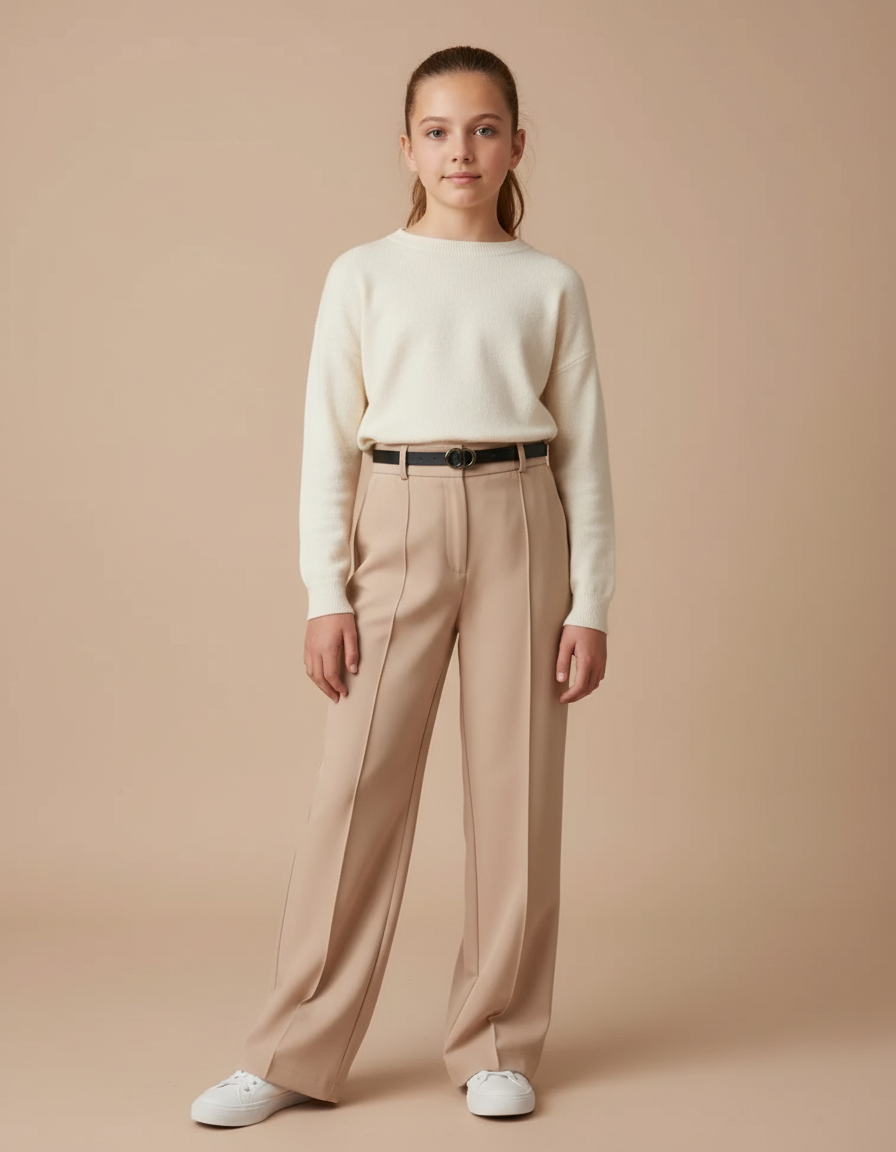 Pantalon Fluide Beige Droit Taille Haute Élégant - Polyester
