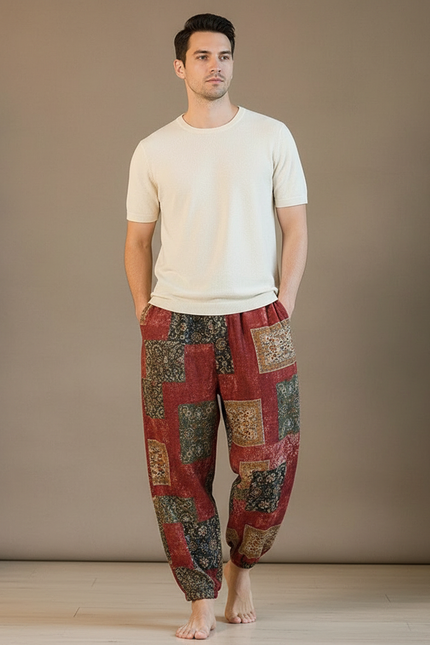 Pantalon Fluide Imprimé Ethnique Ample Coton Lin - Multicolore