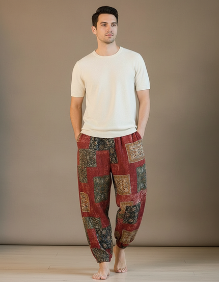 Pantalon Fluide Imprimé Ethnique Ample Coton Lin - Multicolore