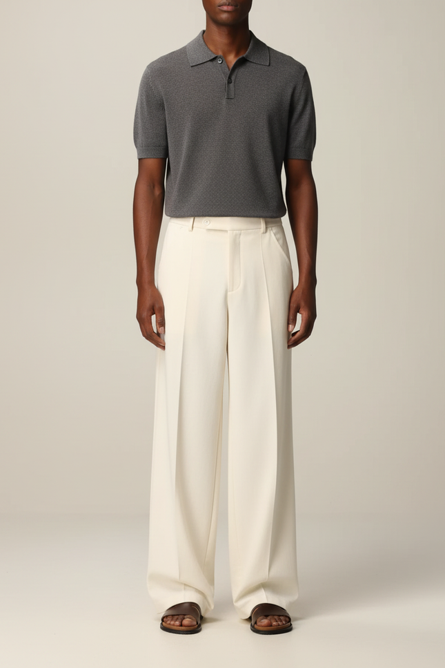 Pantalon Fluide Beige Large Décontracté Plissé Homme - Laine