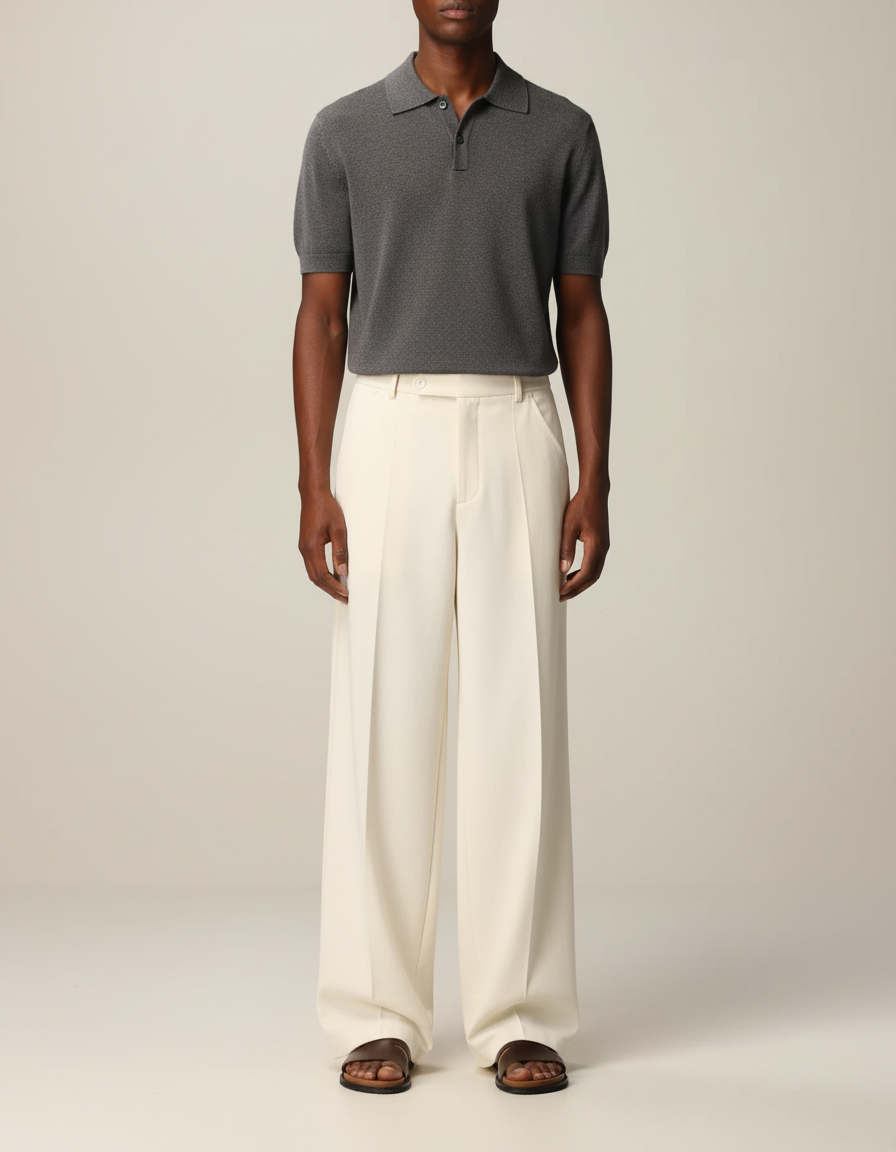 Pantalon Fluide Beige Large Décontracté Plissé Homme - Laine