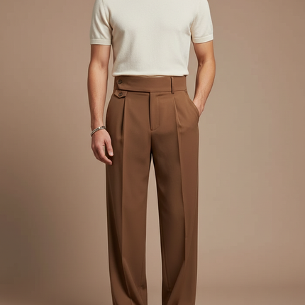 Pantalon Fluide Marron Plissé Taille Haute Ample Homme - Polyester