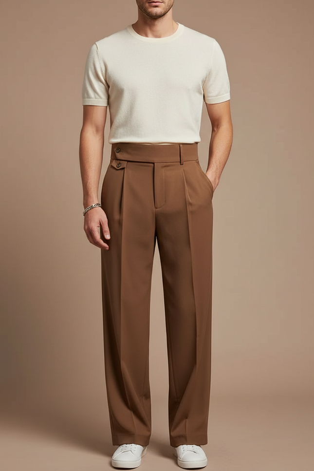 Pantalon Fluide Marron Plissé Taille Haute Ample Homme - Polyester