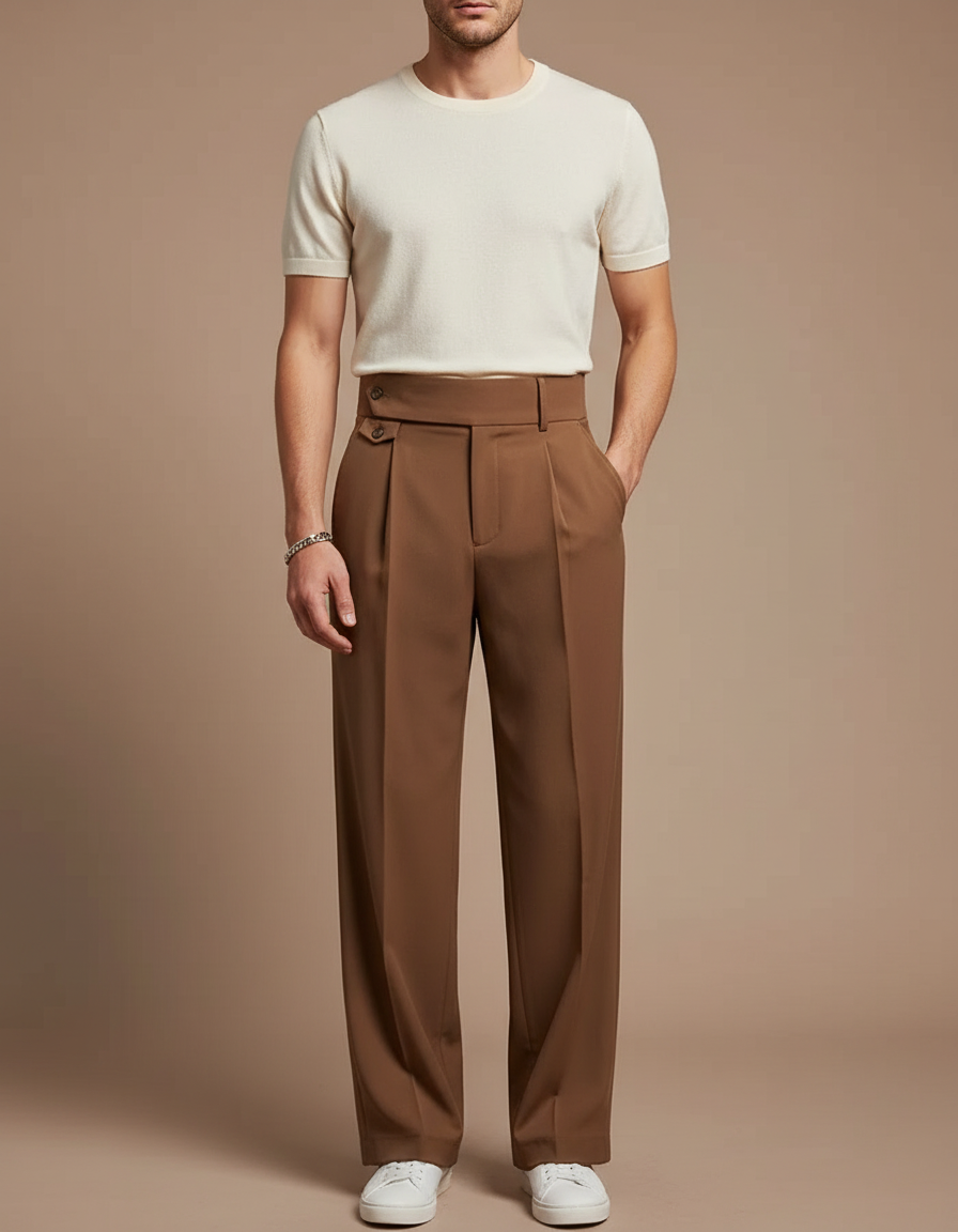 Pantalon Fluide Marron Plissé Taille Haute Ample Homme - Polyester