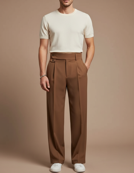 Pantalon Fluide Marron Plissé Taille Haute Ample Homme - Polyester