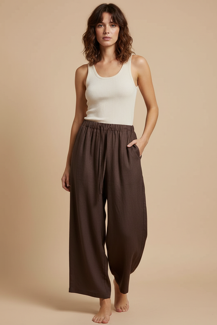 Pantalon Fluide Marron Ample Lin Décontracté