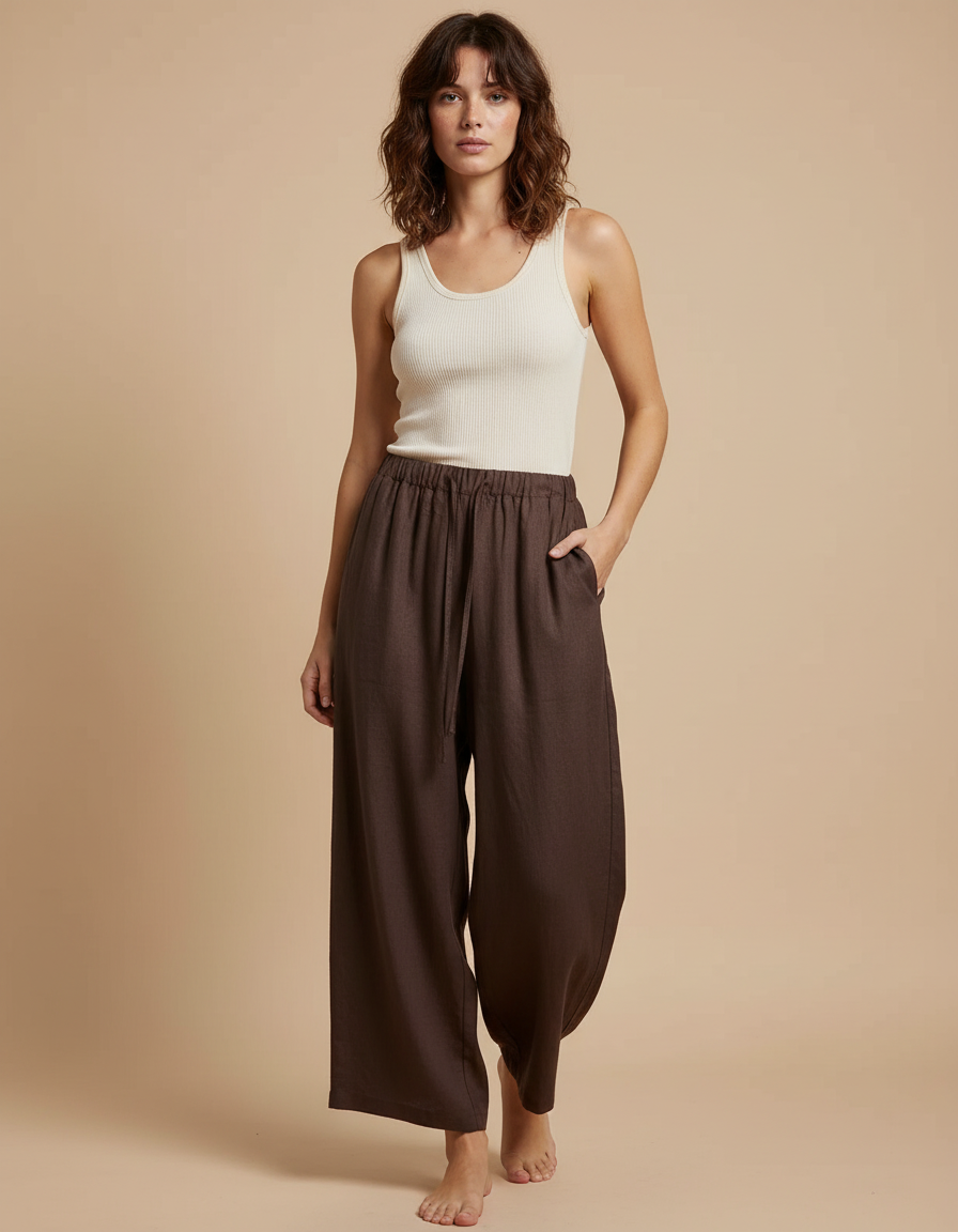 Pantalon Fluide Marron Ample Lin Décontracté