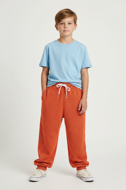 Pantalon Fluide Orange Côtelé Ample Décontracté Enfant - Cordé