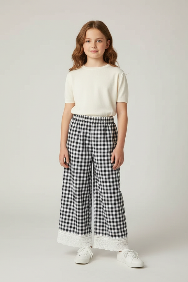 Pantalon Fluide Carreaux Vichy Noir Blanc Ample Enfant - Imprimé Coton