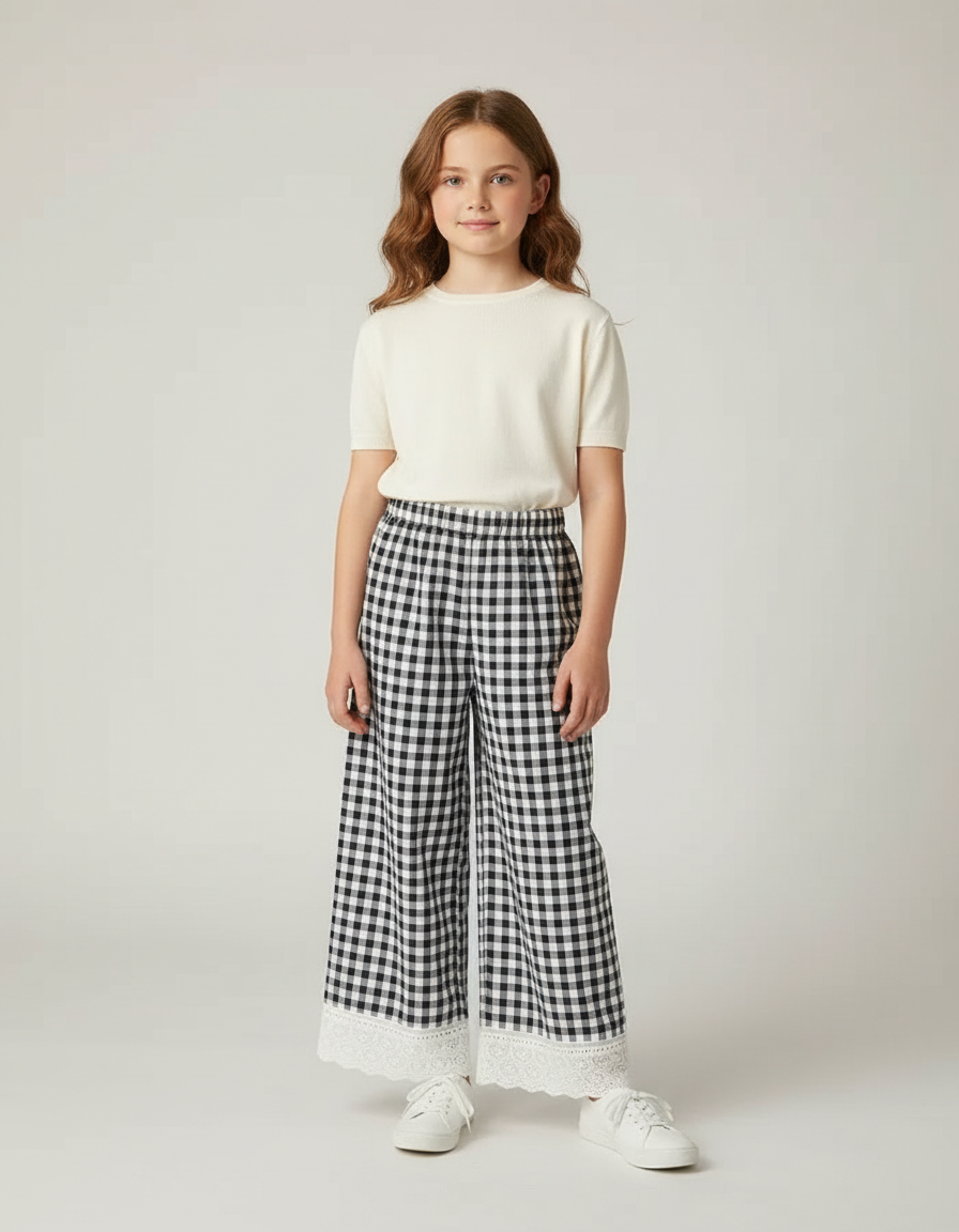 Pantalon Fluide Carreaux Vichy Noir Blanc Ample Enfant - Imprimé Coton