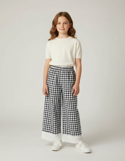 Pantalon Fluide Carreaux Vichy Noir Blanc Ample Enfant - Imprimé Coton