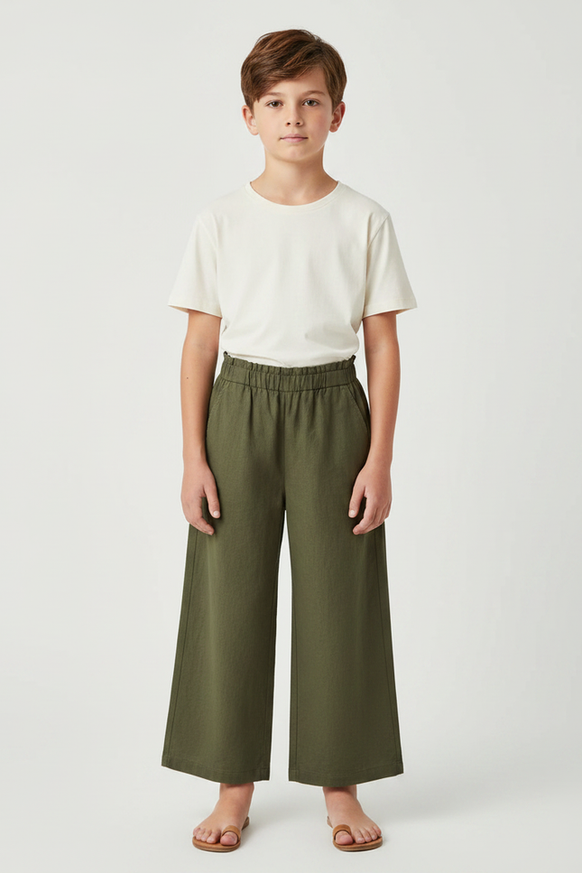 Pantalon Fluide Vert Kaki Coton Ample Décontracté - Lin