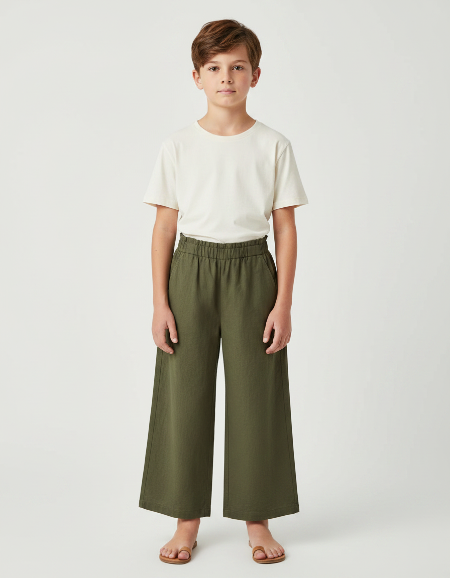Pantalon Fluide Vert Kaki Coton Ample Décontracté - Lin