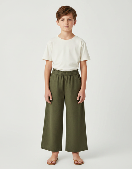 Pantalon Fluide Vert Kaki Coton Ample Décontracté - Lin