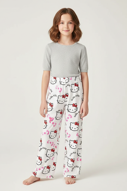 Pantalon Fluide Blanc Hello Kitty Imprimé Confortable - Polyester