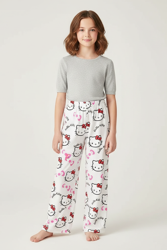 Pantalon Fluide Blanc Hello Kitty Imprimé Confortable - Polyester
