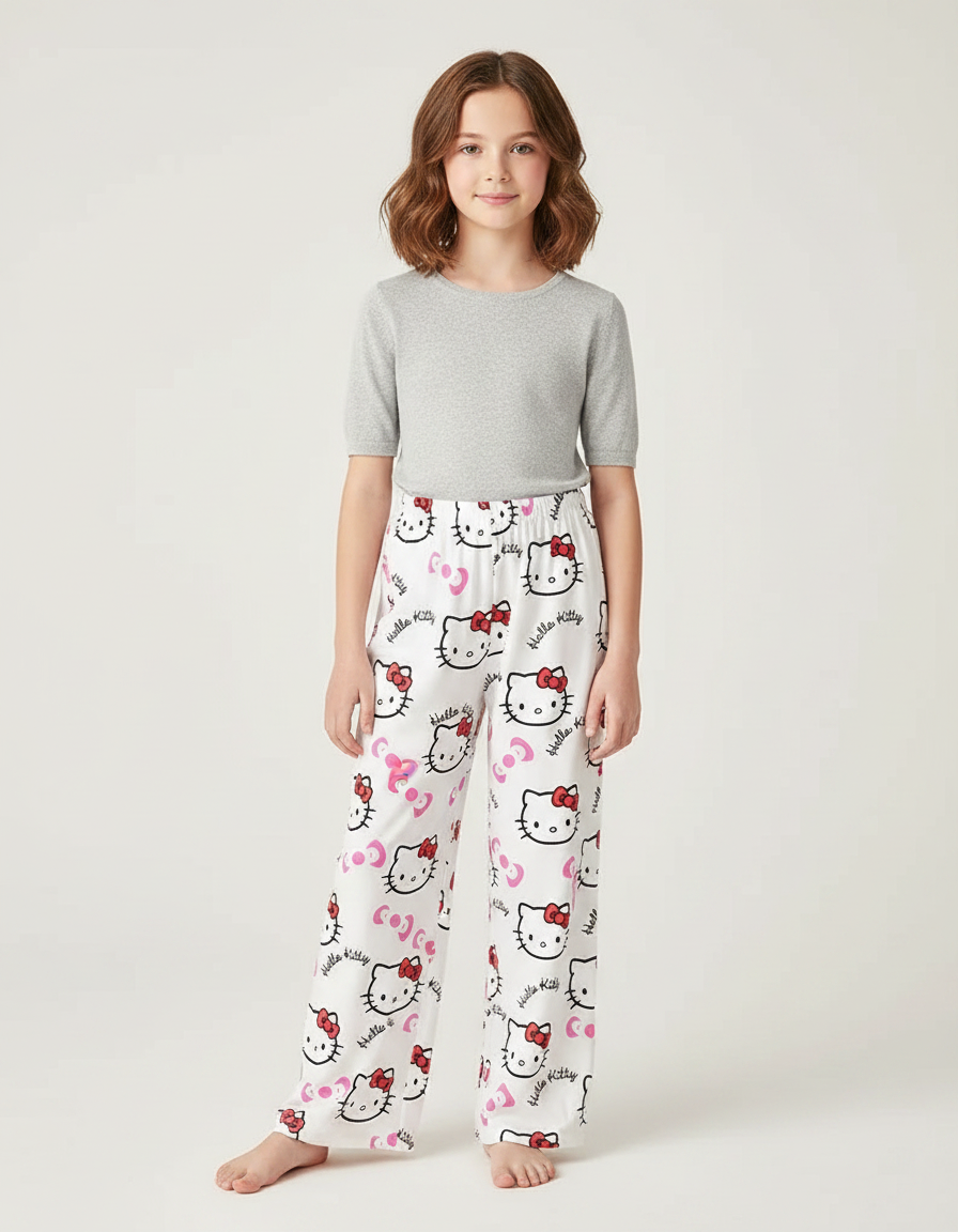 Pantalon Fluide Blanc Hello Kitty Imprimé Confortable - Polyester