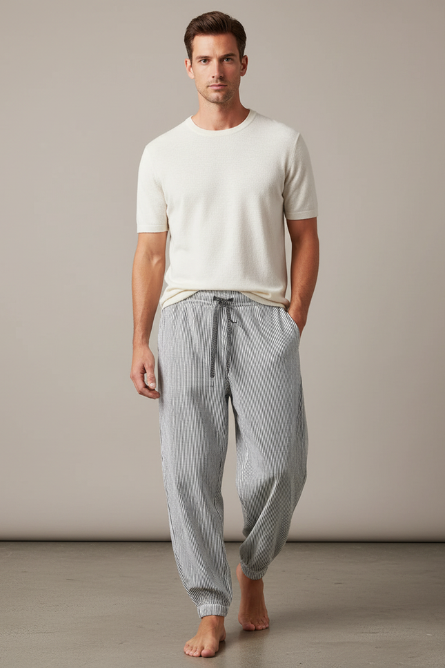 Pantalon Fluide Rayé Noir Blanc Ample Homme - Imprimé Lin