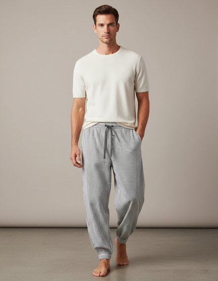 Pantalon Fluide Rayé Noir Blanc Ample Homme - Imprimé Lin