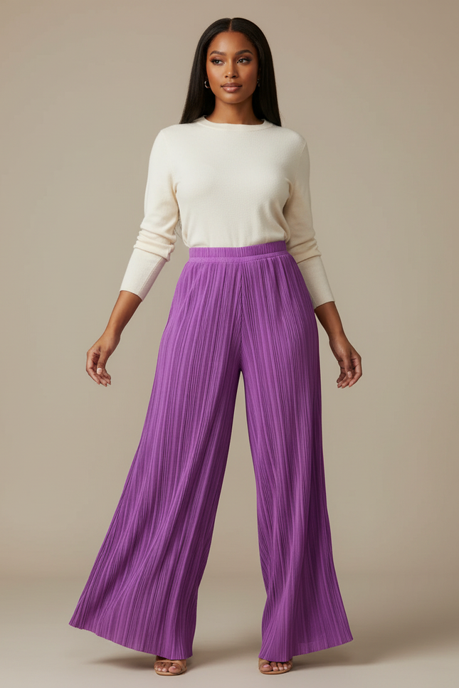 Pantalon Fluide Violet Plissé Ample Élégant Femme - Polyester