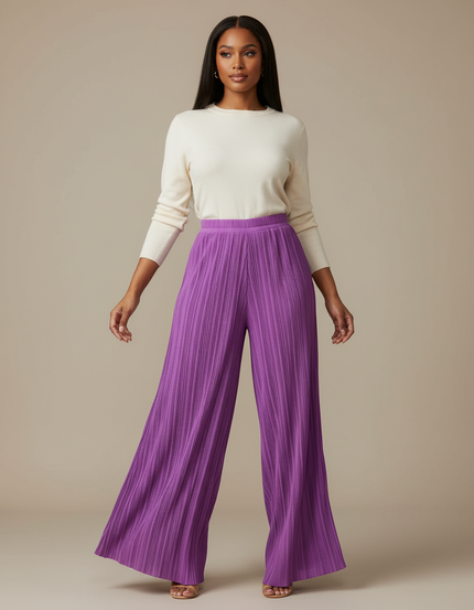 Pantalon Fluide Violet Plissé Ample Élégant Femme - Polyester