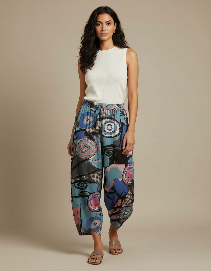 Pantalon Fluide Imprimé Abstrait Ample Décontracté Femme - Viscose