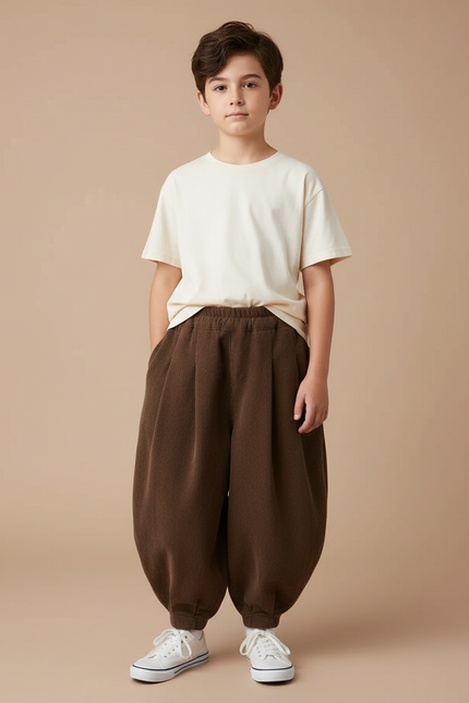Pantalon Fluide Marron Côtelé Harem Ample Enfant - Cordé