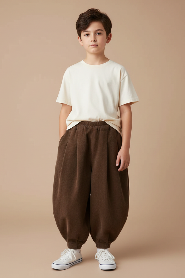 Pantalon Fluide Marron Côtelé Harem Ample Enfant - Cordé