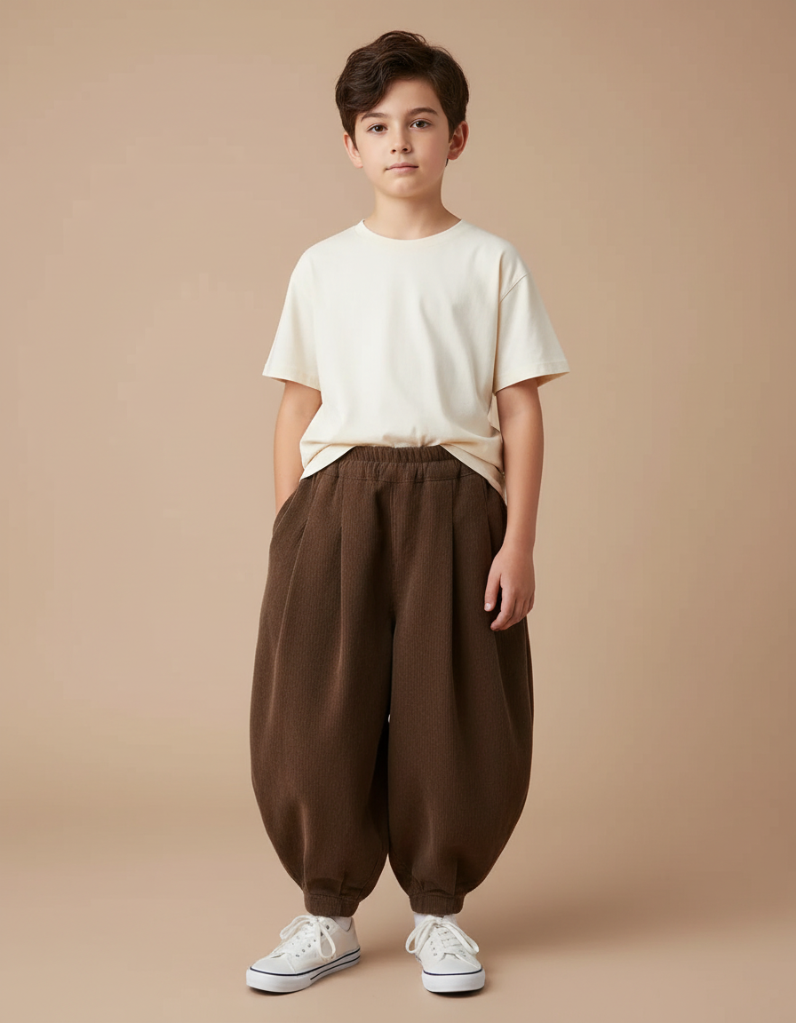 Pantalon Fluide Marron Côtelé Harem Ample Enfant - Cordé