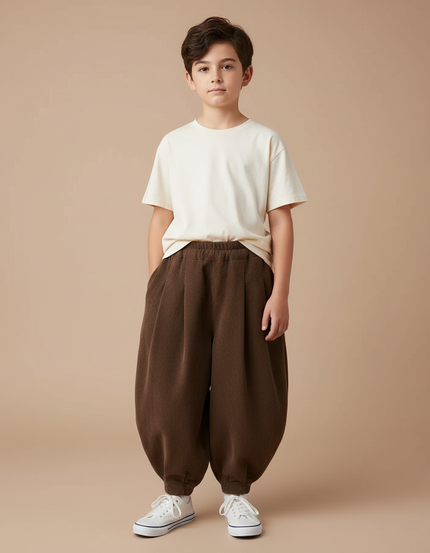 Pantalon Fluide Marron Côtelé Harem Ample Enfant - Cordé