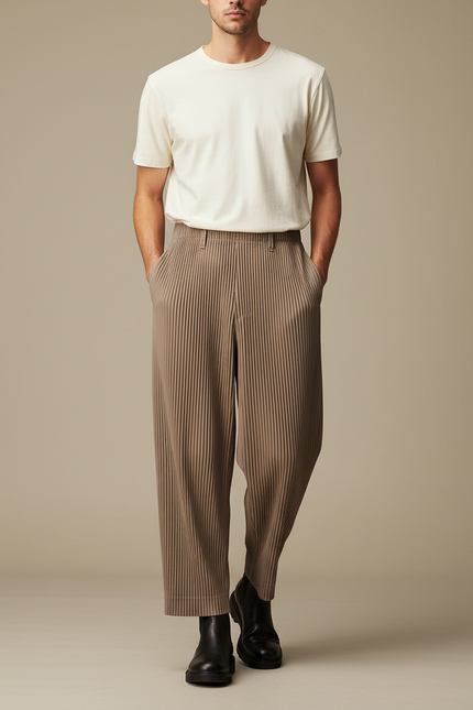 Pantalon Fluide Plissé Marron Droit Décontracté Homme - Polyester
