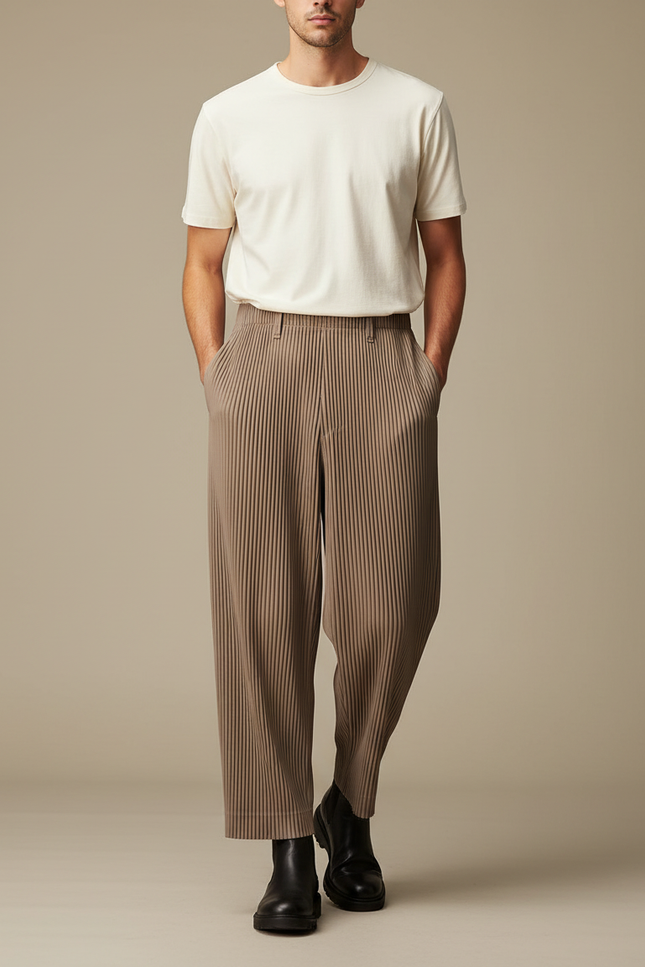 Pantalon Fluide Plissé Marron Droit Décontracté Homme - Polyester