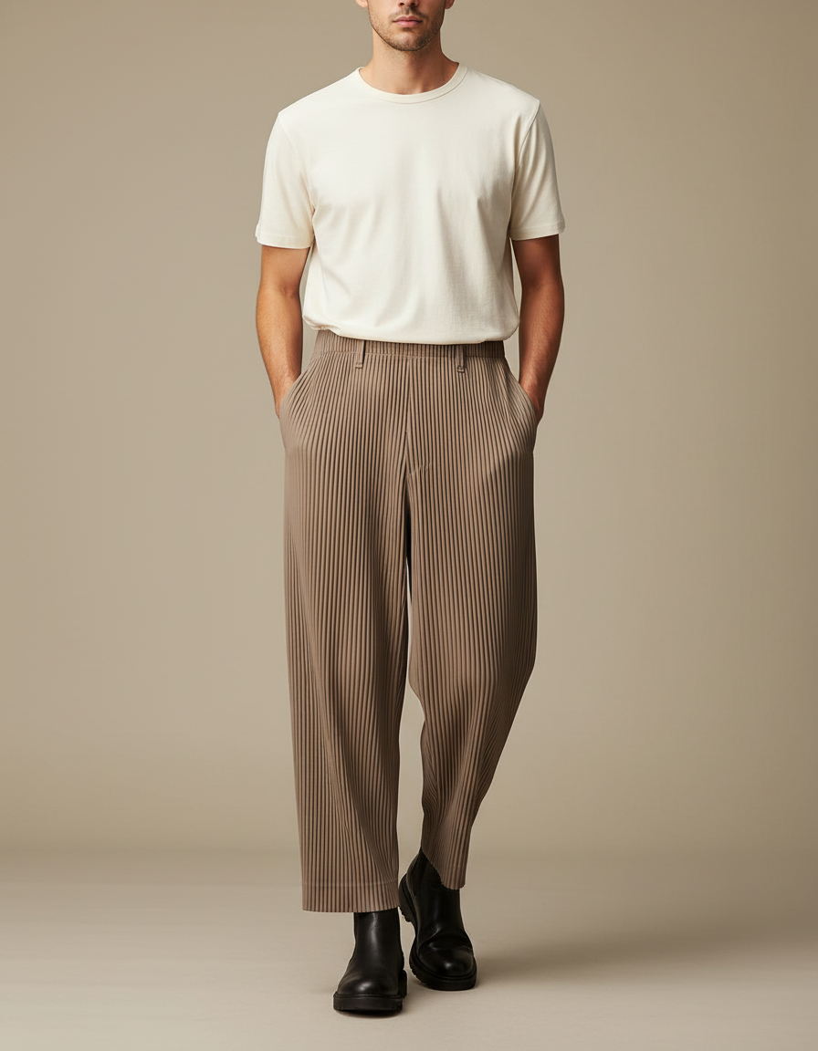 Pantalon Fluide Plissé Marron Droit Décontracté Homme - Polyester