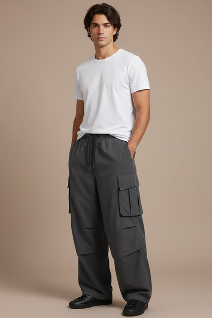 Pantalon Fluide Cargo Gris Ample Décontracté Homme - Polyester