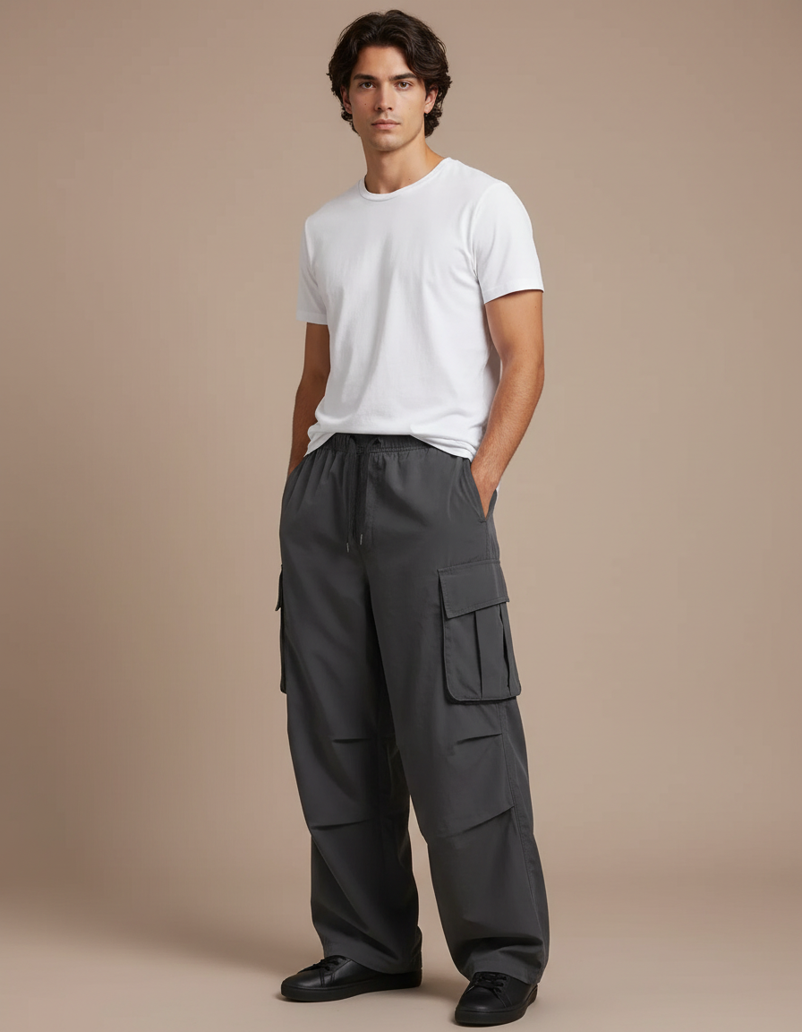 Pantalon Fluide Cargo Gris Ample Décontracté Homme - Polyester