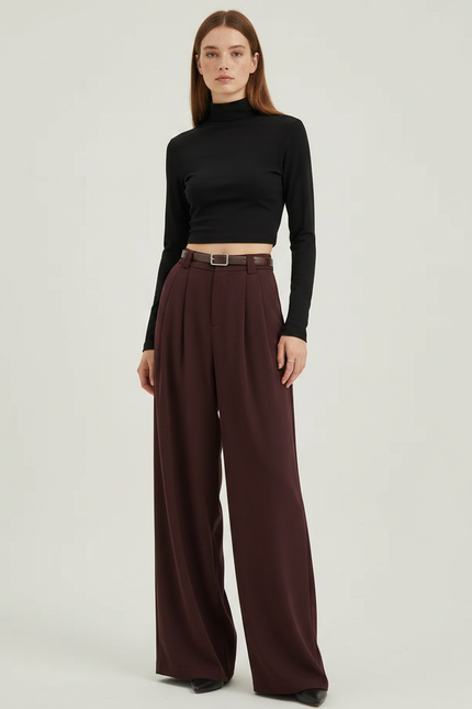 Pantalon Fluide Bordeau Plissé Large Taille Haute Élégant - Bordeaux Polyester