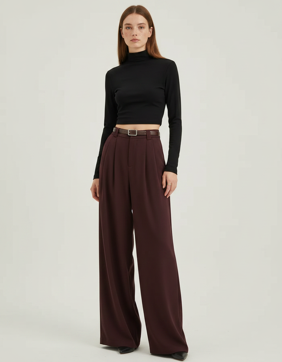 Pantalon Fluide Bordeau Plissé Large Taille Haute Élégant - Bordeaux Polyester