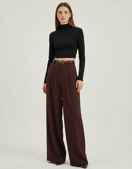 Pantalon Fluide Bordeau Plissé Large Taille Haute Élégant - Bordeaux Polyester