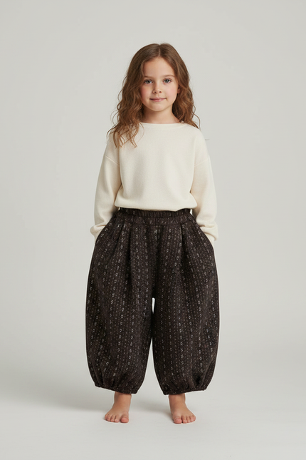 Pantalon Fluide Harem Imprimé Floral Marron Enfant - Coton