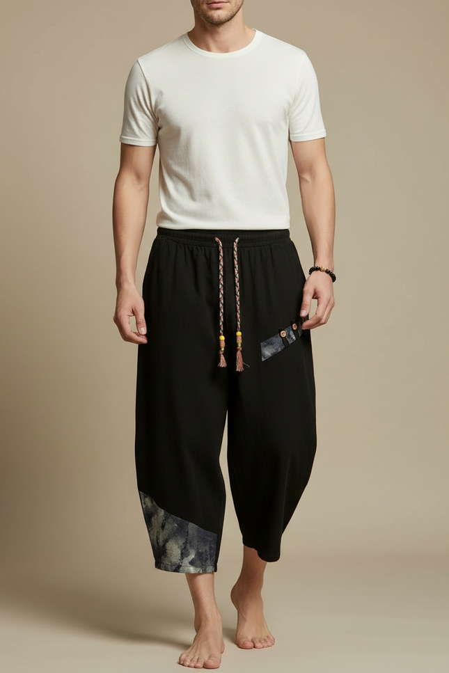 Pantalon Fluide Noir Ample Coton Lin Ethnique Décontracté