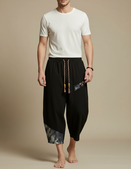 Pantalon Fluide Noir Ample Coton Lin Ethnique Décontracté