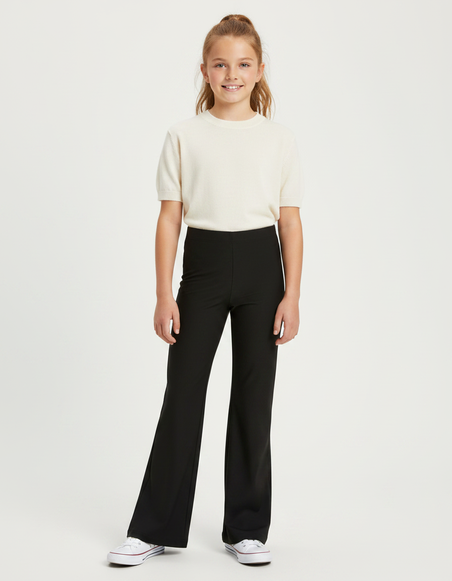Pantalon Fluide Noir Ample Évasé Taille Haute Fille - Polyester