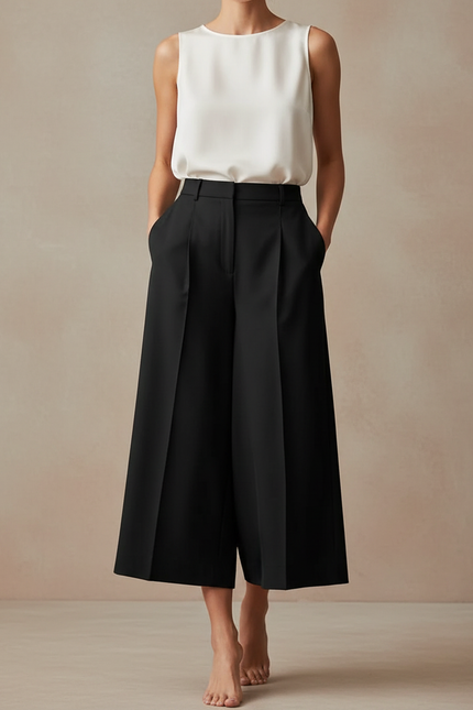 Pantalon Fluide Noir Ample Plissé Chic Femme - Polyester