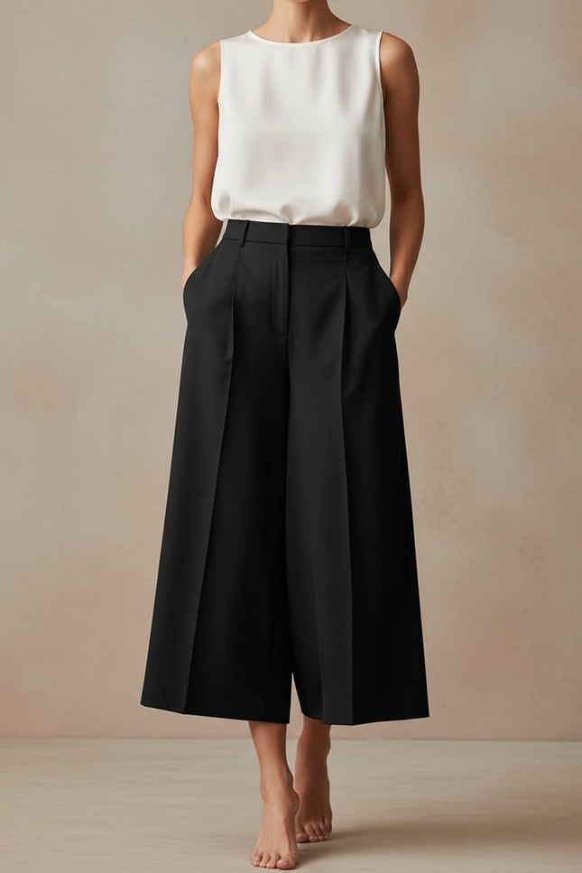 Pantalon Fluide Noir Ample Plissé Chic Femme - Polyester