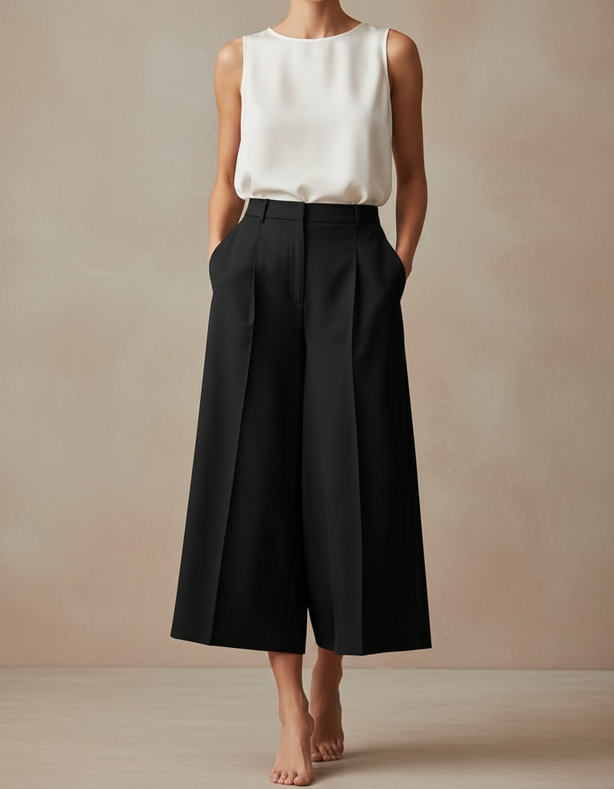 Pantalon Fluide Noir Ample Plissé Chic Femme - Polyester