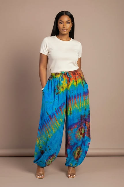 Pantalon Fluide Tie-Dye Ample Coloré Confortable Bohème - Multicolore Viscose