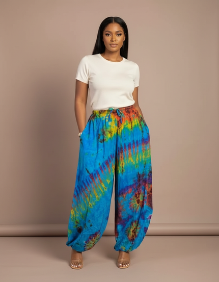 Pantalon Fluide Tie-Dye Ample Coloré Confortable Bohème - Multicolore Viscose